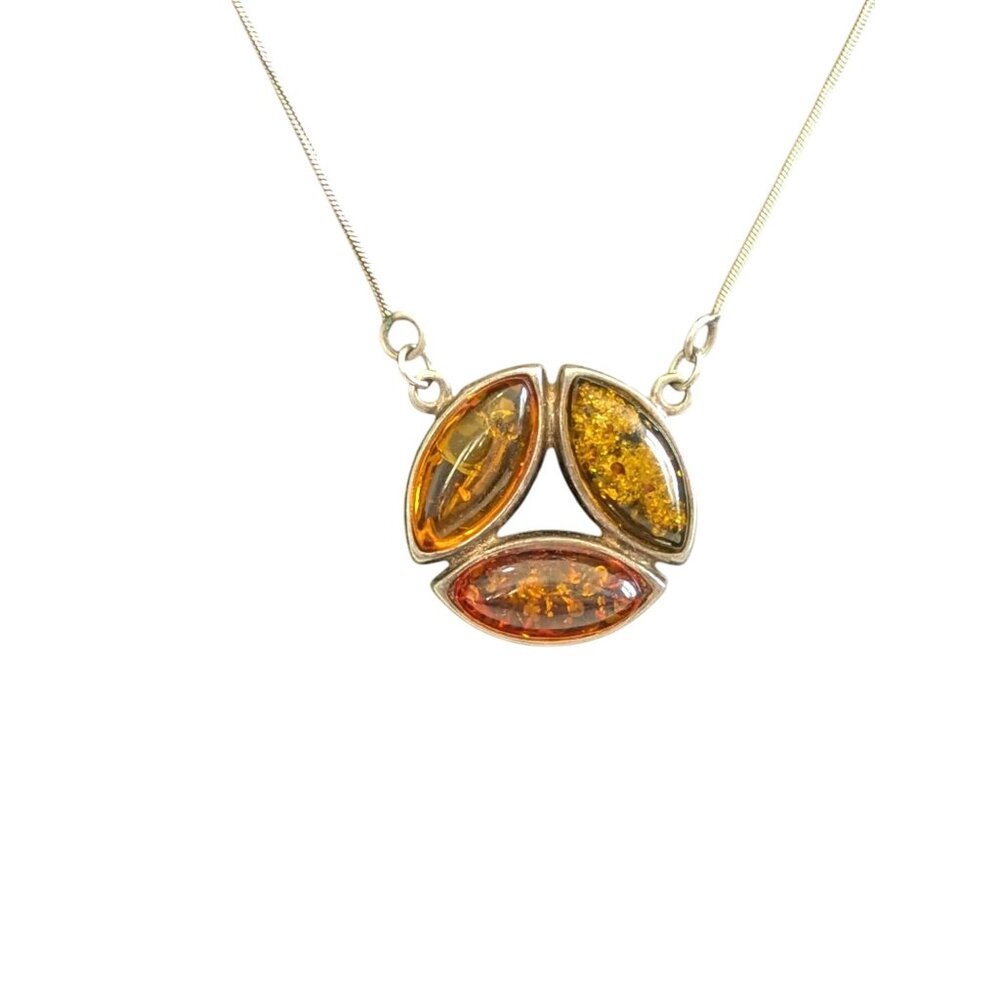Sterling Silver 925 Necklace Amber Pendant Three Multicolor Amber Stones 16-Inch